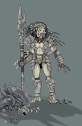 Rule 34 | alien, armband, armor, breastplate, breasts, claws, cleavage cutout, clothing cutout, dreadlocks, fingerless gloves, glaive (polearm), gloves, greaves, hidden weapon, highres, jewelry, large breasts, mandibles, midriff, monster girl, necklace, pauldrons, polearm, predator (character), sheath, shoulder armor, skull, weapon, wrist blades, xenomorph