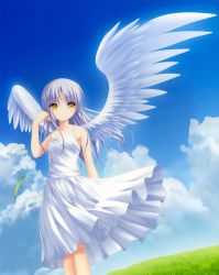 Rule 34 | 1girl, absurdres, angel beats!, angel wings, arm behind back, blue sky, day, dress, feathered wings, floating hair, highres, long hair, na-ga, outdoors, pleated dress, silver hair, sky, sleeveless, sleeveless dress, solo, standing, sundress, tenshi (angel beats!), very long hair, white dress, white wings, wind, wings, yellow eyes