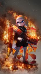 Rule 34 | 1girl, absurdres, bad id, bad twitter id, bike shorts, black footwear, black jacket, black shorts, blaster (splatoon), blue eyes, closed mouth, commentary request, finger on trigger, fire, full body, grey background, gun, highres, holding, holding gun, holding weapon, inkling, inkling girl, inkling player character, jacket, kashu (hizake), laces, long hair, long sleeves, looking away, looking to the side, monster girl, nintendo, orange hair, pointy ears, serious, shoes, short eyebrows, shorts, single vertical stripe, sneakers, solo, sparks, splatoon (series), splatoon 2, standing, tentacle hair, translation request, two-handed, v-shaped eyebrows, weapon