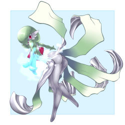 Rule 34 | 1girl, ass, creatures (company), dress, full body, game freak, gardevoir, gen 3 pokemon, green hair, hair over one eye, highres, hip focus, impossible clothes, kaikoinu, legs, looking back, nintendo, no humans, open mouth, pokemon, pokemon (creature), red eyes, solo, thighs, wind, wind lift