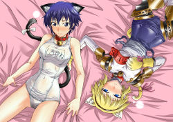 Rule 34 | 2girls, aegis (persona), android, animal ears, atlus, bed sheet, bell, blonde hair, blue eyes, blue hair, bow, cameltoe, cat ears, cat tail, clothes pull, collar, hairband, lying, multiple girls, neck bell, one-piece swimsuit, one-piece swimsuit pull, persona, persona 3, persona 4, school swimsuit, segami daisuke, sheet grab, shirogane naoto, short hair, sweat, swimsuit, tail, white one-piece swimsuit, white school swimsuit