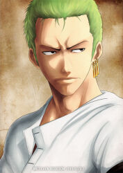 Rule 34 | 1boy, black eyes, closed mouth, commentary request, dated, earrings, green hair, jewelry, k-suwabe, male focus, one piece, roronoa zoro, shirt, short hair, single earring, solo, white shirt