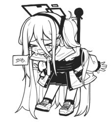 Rule 34 | &gt; &lt;, 0dot001hz, 1girl, aris (blue archive), blue archive, blush, full body, greyscale, hairband, halo, jacket, korean text, long hair, long sleeves, monochrome, one side up, open clothes, open jacket, open mouth, pleated skirt, restrained, shoes, skirt, socks, solo, speech bubble, tears