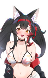 Rule 34 | 1girl, :d, animal ear fluff, animal ears, bare shoulders, bikini, black choker, black hair, black jacket, blush, breasts, choker, cleavage, collarbone, hair ornament, hairband, highres, hololive, jacket, kani bonara, leaf print, long hair, looking at viewer, medium breasts, multicolored hair, navel, off shoulder, ookami mio, ookami mio (hololive summer 2019), open mouth, print bikini, red hair, red hairband, shorts, simple background, skindentation, smile, solo, streaked hair, swimsuit, two-sided fabric, two-sided jacket, virtual youtuber, white background, white bikini, white shorts, wolf ears, wolf girl