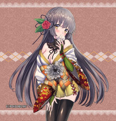 Rule 34 | 1girl, black thighhighs, blush, breasts, bridal gauntlets, character request, cleavage, eating, flower, fuji minako, grey hair, hair flower, hair ornament, japanese clothes, long hair, long sleeves, skirt, solo, thighhighs, unmei no clan battle, yellow eyes