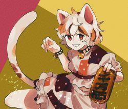 Rule 34 | 1girl, animal ears, bell, brown eyes, cat ears, cat tail, coin, frilled skirt, frills, gold, goutokuji mike, highres, koban (gold), maneki-neko, midriff, multicolored shirt, neck bell, patch, short hair, short sleeves, skirt, smile, sparkle, tail, touhou, unconnected marketeers, wavy hair