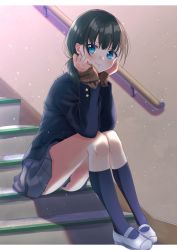 Rule 34 | 1girl, absurdres, black hair, blazer, blue eyes, blue jacket, blue socks, blue skirt, brown sweater, commentary, elbows on knees, handrail, head in hand, head rest, head tilt, highres, jacket, kneehighs, light blush, light particles, looking at viewer, low twintails, original, pleated skirt, school uniform, shigure0730, shoes, short hair, sitting, sitting on stairs, skirt, sleeves past wrists, smile, socks, solo, stairs, sweater, twintails, uniform, uwabaki, white footwear