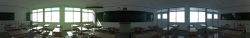 Rule 34 | 360 panorama, absurdres, chalkboard, classroom, clock, fisheye, fluorescent lamp, highres, long image, no humans, original, panorama, reflective floor, sakais3211, scenery, school, sunlight, wide image, window