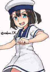 Rule 34 | 1girl, black hair, blue eyes, bob cut, commentary request, cowboy shot, daitou (kancolle), dress, hat, high ponytail, highres, kantai collection, looking at viewer, maakun (makun dx), one-hour drawing challenge, sailor collar, sailor dress, sailor hat, short hair, short sleeves, sidelocks, simple background, solo, white background, white dress