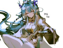 Rule 34 | 1girl, arknights, arm tattoo, black skin, blue hair, braid, breasts, colored skin, dragon girl, dragon horns, highres, horns, knees up, ling (arknights), long hair, looking at viewer, necktie, pointy ears, shirt, simple background, sitting, sketch, small breasts, smile, solo, tattoo, white background, white shirt, yellow necktie, yoyoseafish