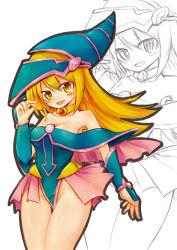Rule 34 | 1girl, bare legs, bare shoulders, blonde hair, boots, breasts, dark magician girl, duel monster, female focus, hat, ico (green bullet), large breasts, legs, long hair, magical girl, sketch, skirt, smile, solo, wizard hat, yu-gi-oh!, yuu-gi-ou, yu-gi-oh! duel monsters