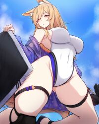Rule 34 | 1girl, absurdres, animal ear fluff, animal ears, arknights, blonde hair, breasts, competition swimsuit, covered navel, from below, gluteal fold, highres, holding, holding mace, holding shield, horse ears, horse girl, horse tail, impossible clothes, impossible swimsuit, knee pads, kneeling, large breasts, long hair, looking at viewer, looking down, nearl (arknights), nearl (shimmering dew) (arknights), official alternate costume, one-piece swimsuit, parted lips, rikuguma, shield, solo, swimsuit, tail, thigh strap, very long hair, white one-piece swimsuit, yellow eyes