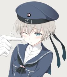 Rule 34 | 10s, 1girl, blue eyes, cheek poking, clothes writing, hat, kantai collection, long sleeves, poking, sailor hat, school uniform, silver hair, simple background, solo focus, uniform, yammy y, z1 leberecht maass (kancolle)