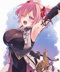 1girl arm_up armpits artistic_error asymmetrical_clothes asymmetrical_hair breasts chichiri_(granblue_fantasy) coat draph granblue_fantasy hair_ornament highres large_breasts one_eye_closed pink_hair sleeveless sleeveless_coat solo stretching tassel tassel_hair_ornament yawning yu-li