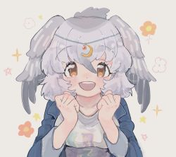 Rule 34 | 1girl, bird girl, bird wings, blush, casual, clenched hands, close-up, denim, denim jacket, greater rhea (kemono friends), grey hair, head chain, head wings, jacket, jewelry, kemono friends, kemono friends 3, long sleeves, looking at viewer, moon (ornament), multicolored hair, official alternate costume, open mouth, orange eyes, shimazoenohibi, shirt, sleeves rolled up, smile, solo, sparkle, two-tone hair, white hair, white shirt, wings