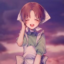 Rule 34 | 1boy, :d, apron, axis powers hetalia, blurry, blurry background, blush, brown hair, closed eyes, facing viewer, gradient sky, hand up, male focus, naki mushi, northern italy (hetalia), open mouth, outdoors, parted bangs, short sleeves, sky, smile, solo, upper body