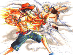 Rule 34 | 2boys, abs, alabasta, belt, black hair, cigar, clenched hand, e1n, fighting, fire, freckles, gloves, grey hair, hat, jewelry, male focus, multiple boys, muscular, necklace, one piece, pants, pirate, portgas d. ace, shorts, smoke, smoker (one piece), stampede string, teeth, topless male, weapon, white pants