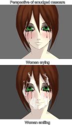 Rule 34 | 1girl, absurdres, blush, crying, cum, english text, evil smile, green eyes, highres, makeup, mascara, red hair, short hair, smile, solo