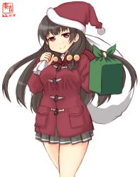 Rule 34 | 1girl, adapted costume, alternate costume, artist logo, black hair, breasts, christmas, coat, cowboy shot, dated, gift, gloves, hair ribbon, hat, highres, isokaze (kancolle), kanon (kurogane knights), kantai collection, long hair, long sleeves, looking at viewer, medium breasts, pleated skirt, red coat, red eyes, red hat, ribbon, sack, santa costume, santa hat, signature, simple background, skirt, smile, solo, tress ribbon, white background, white gloves