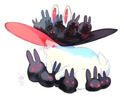 Rule 34 | angora rabbit, animal, animal ears, animal focus, animal on head, artist name, black headwear, commentary, english commentary, firebay, glowing, glowing eyes, hat, highres, on head, original, rabbit, rabbit ears, rabbit on head, rabbit tail, red eyes, simple background, tail, white background