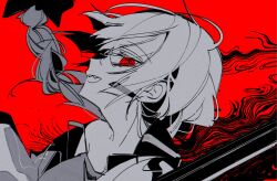 Rule 34 | 1girl, black bow, bocchi the rock!, bow, braid, earrings, hair bow, hiroi kikuri, jacket, jewelry, limited palette, long hair, looking at viewer, open clothes, open jacket, open mouth, profile, red background, red eyes, red theme, sharp teeth, single braid, smile, solo, strap slip, tabatabata, teeth, upper body