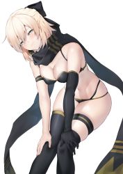 Rule 34 | 1girl, ahoge, armband, asymmetrical gloves, asymmetrical legwear, bent over, bikini, black bikini, black bow, black gloves, black legwear, black scarf, blonde hair, blush, bow, breasts, cleavage, commentary request, fate/grand order, fate (series), gloves, green eyes, hair between eyes, hair bow, hair ribbon, hands on own knees, highleg, highres, itohana, leaning forward, looking at viewer, medium breasts, navel, okita j. souji (fate), okita j. souji (first ascension) (fate), okita souji (fate), okita souji (koha-ace), ribbon, scarf, short hair, single glove, skindentation, smile, solo, standing, swimsuit, thigh strap, uneven gloves, uneven legwear, white background
