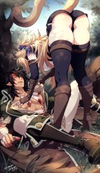 Rule 34 | 1boy, 1girl, animal ear fluff, animal ears, artist name, ass, assertive female, bandages, bent over, black thighhighs, black wings, blonde hair, blurry, blush, boots, bow, cat ears, cat girl, cat tail, clothes grab, collarbone, commentary, crescentia fortuna, depth of field, english commentary, eye contact, fangs, feather necklace, fingerless gloves, fingernails, fire emblem, fire emblem: radiant dawn, gloves, hair bow, hand on another&#039;s chest, highres, leather belt, long hair, looking at another, nail polish, necklace, nintendo, nipples, open clothes, open mouth, original, pants, pectorals, pointy ears, scar, scar on face, shirt grab, short shorts, shorts, side slit, side slit shorts, sidelocks, signature, symbol-shaped pupils, tail, tail raised, thighhighs, tibarn (fire emblem), very long hair, white nails, white pants, wings, yellow eyes, zettai ryouiki