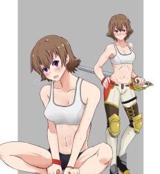 Rule 34 | 1girl, abs, absurdres, armor, armored shoes, bare legs, barefoot, blendinglight, blush, break, breasts, breath, brown hair, cleavage, collarbone, fiorayne (monster hunter), grey background, hair between eyes, highres, knees apart feet together, leg armor, looking at viewer, monster hunter (series), multiple views, navel, open mouth, pillarboxed, purple eyes, resting, short hair, simple background, sitting, small breasts, sports bra, standing, stomach, sweat, sword, weapon, wristband