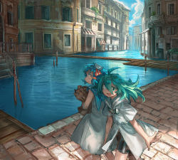 Rule 34 | 2girls, :d, ahoge, bad id, bad pixiv id, bag, bike shorts, blue hair, blue sailor collar, canal, cloud, cloudy sky, day, dress, green eyes, green hair, groceries, grocery bag, highres, holding, holding bag, house, looking at viewer, multiple girls, open mouth, outdoors, paper bag, parted lips, sailor collar, sailor dress, shichigatsu, shopping bag, sky, smile, standing, town, white dress