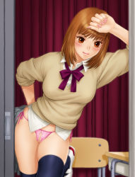 Rule 34 | 1girl, arm rest, arm support, blush, bob cut, bottomless, bow, bowtie, breasts, brown eyes, brown hair, chair, crotchless, crotchless panties, curtains, doorway, highres, leaning, long hair, nail polish, no pants, original, panties, pink panties, pussy, school uniform, shoes, skirt, unworn skirt, sleeves rolled up, smile, solo, sweater, thighhighs, unbuttoned, uncensored, underwear, uwabaki, yui toshiki