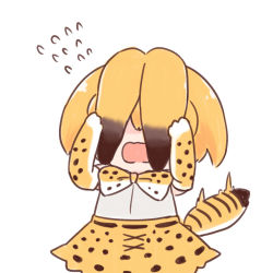 Rule 34 | 10s, 1girl, animal ears, batta (ijigen debris), bow, bowtie, commentary, covering face, facing viewer, flying sweatdrops, kemono friends, open mouth, serval (kemono friends), serval print, serval tail, simple background, skirt, solo, tail, white background