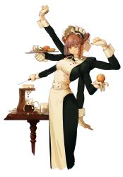 Rule 34 | 1girl, absurdres, apron, banana, bchan1582, black dress, braid, coffee maker, cup, dress, extra arms, food, fruit, gloves, highres, maid, maid apron, maid headdress, original, puffy sleeves, saucer, simple background, solo, standing, stretching, tray, waist apron, white apron, white background, wrist cuffs