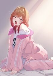 Rule 34 | 1girl, absurdres, bare shoulders, bed sheet, blush, from side, gradient hair, highres, hololive, hololive dev is, ichijou ririka, inuinuo gataken, jacket, long hair, long sleeves, multicolored hair, on bed, open clothes, open jacket, open mouth, orange hair, pants, pink jacket, pink pants, red eyes, red hair, shirt, solo, tearing up, track jacket, virtual youtuber, white shirt, yawning