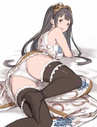 Rule 34 | 10s, 1girl, ass, bad id, bad pixiv id, bare shoulders, black hair, black thighhighs, brown eyes, china dress, chinese clothes, dress, gloves, goggles, goggles on head, granblue fantasy, hanarito, hime cut, jessica (granblue fantasy), long hair, looking at viewer, lying, no shoes, on side, panties, solo, thighhighs, underwear