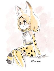 Rule 34 | 10s, 1girl, :3, animal ears, artist name, bare shoulders, blonde hair, bow, bowtie, center frills, commentary, elbow gloves, extra ears, frills, gloves, hair between eyes, high-waist skirt, kemono friends, looking away, medium hair, panzuban, print bow, print bowtie, print gloves, print neckwear, print skirt, print thighhighs, serval (kemono friends), serval print, serval tail, shirt, simple background, sitting, skirt, sleeveless, sleeveless shirt, solo, tail, thighhighs, twitter username, white shirt, yellow eyes