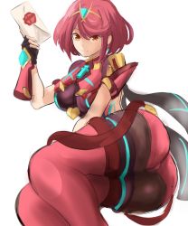 Rule 34 | 1girl, ahoge, ass, bob cut, breasts, cameltoe, chest jewel, circlet, fingerless gloves, gloves, highres, large breasts, looking at viewer, nintendo, pantyhose, pantyhose under shorts, pyra (xenoblade), rakeemspoon, red eyes, red hair, red shorts, shiny clothes, short hair, short shorts, shorts, simple background, sitting, smile, solo, super smash bros., swept bangs, thighhighs, white background, xenoblade chronicles (series), xenoblade chronicles 2, yokozuwari