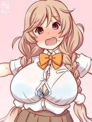Rule 34 | 1girl, artist logo, blue bra, blush, bow, bowtie, bra, braid, breasts, button gap, china dress, chinese clothes, cleavage, cloud hair ornament, collared shirt, commentary request, dated, dress, dress shirt, gradient background, grey skirt, kanon (kurogane knights), kantai collection, large breasts, light brown hair, long hair, low twintails, minegumo (kancolle), nose blush, one-hour drawing challenge, orange bow, orange bowtie, outstretched arms, pink background, popped button, red eyes, shirt, skirt, solo, twin braids, twintails, underwear, upper body, white shirt