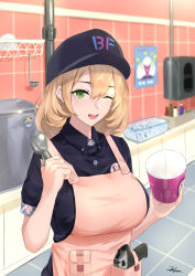 Rule 34 | 1girl, apron, baskin-robbins, beretta px4 storm, blonde hair, breasts, chaciooh, commentary request, food, girls&#039; frontline, green eyes, gun, handgun, hat, highres, holstered, ice, ice cream, ice cream cup, ice cream scoop, ice cube, kitchen, ladle, large breasts, mole, mole under eye, one eye closed, open mouth, px4 storm (girls&#039; frontline), smile, solo, standing, uniform, weapon