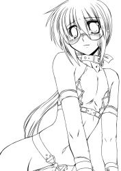 Rule 34 | 00s, 1boy, 45acp, blush, bow, collar, elbow gloves, frown, glasses, gloves, hair bow, long hair, lyrical nanoha, mahou shoujo lyrical nanoha, mahou shoujo lyrical nanoha strikers, male focus, monochrome, navel, ponytail, simple background, sitting, solo, sweatdrop, trap, yuuno scrya