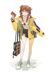 Rule 34 | 1girl, bag, black skirt, blue eyes, braid, breasts, brown hair, cellphone, cleavage, collarbone, doll, eva 02, full body, hair between eyes, hair ornament, highres, holding, holding phone, jacket, long hair, long sleeves, looking at viewer, miniskirt, navel, neon genesis evangelion, nike (company), parted lips, phone, pocket, shoes, simple background, skirt, small breasts, smartphone, smartphone case, sneakers, socks, solo, souryuu asuka langley, standing, stomach, timbougami, twin braids, white background, white footwear, white socks, yellow jacket, zipper