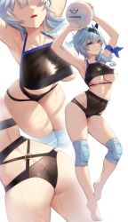 Rule 34 | 1girl, armband, armpits, arms up, ass, bad id, bad pixiv id, bag, ball, banned artist, barefoot, black hairband, blue hair, breasts, closed mouth, clothing request, commentary request, dai nikucho, duplicate, eula (genshin impact), genshin impact, hairband, head out of frame, highres, holding, holding bag, holding ball, knee guards, large breasts, looking at viewer, medium breasts, medium hair, multicolored eyes, multiple views, non-web source, open mouth, playing sports, purple eyes, simple background, sweat, thick thighs, thighs, underboob, volleyball, volleyball (object), wet, white background, yellow eyes