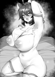 Rule 34 | :d, absurdres, ahoge, animal ears, arm up, armpits, black hair, blue archive, blush, breasts, curvy, detached sleeves, greyscale, highres, huge breasts, inverted nipples, kaede (blue archive), maebari, monochrome, navel, on bed, open mouth, short hair, smile, spread armpit, sweat, thighhighs, thirty 8ght, topless
