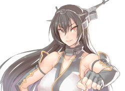 Rule 34 | 10s, 1girl, black gloves, black hair, breasts, brown hair, clenched hand, closed mouth, collarbone, detached sleeves, eyebrows, eyelashes, fingerless gloves, gloves, hair between eyes, headgear, kantai collection, large breasts, long hair, looking at viewer, nagato (kancolle), orange eyes, pink lips, simple background, smile, solo, upper body, white background, yuuji (and)