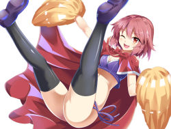 Rule 34 | 1girl, ;d, black thighhighs, blush, breasts, cape, cheerleader, cleavage, crop top, e.o., legs, looking at viewer, okazaki yumemi, one eye closed, open mouth, pom pom (cheerleading), red eyes, red hair, shoes, short hair, simple background, small breasts, smile, solo, thighhighs, touhou, touhou (pc-98), white background