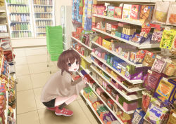 Rule 34 | 1girl, absurdres, ahoge, black eyes, braid, brown hair, candy, child, condom, convenience store, copyright request, doraemon, doraemon (character), female focus, food, highres, nuruwo, open mouth, original, pringles, shoes, shop, shorts, sleeves past wrists, sneakers, snickers (brand), socks, solo, squatting, twin braids, vicks