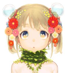 Rule 34 | 1girl, bare shoulders, blonde hair, blue eyes, bowl, bubble, child, daisy, earrings, female focus, flower, hair flower, hair ornament, jewelry, leaf, looking up, mimizubare, multicolored eyes, neck ring, original, short hair, short twintails, solo, topless frame, twintails, upper body, water, white background