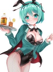 Rule 34 | 1girl, absurdres, alcohol, animal ears, antennae, black leotard, blush, breasts, cleavage, closed mouth, cowboy shot, cup, drinking glass, fake animal ears, fake tail, fingernails, fishnet pantyhose, fishnets, green eyes, green hair, green nails, green shirt, hair between eyes, highres, holding, holding tray, leotard, long sleeves, medium breasts, muki (munikichan), nail polish, pantyhose, rabbit ears, rabbit tail, shirt, short hair, simple background, solo, strapless, strapless leotard, tail, touhou, tray, white background, wriggle nightbug
