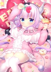 Rule 34 | 10s, 1girl, absurdres, beads, blue eyes, blunt bangs, blush, bow, capelet, cookie, cream, cream on face, crepe, doughnut, dragon girl, dragon horns, dragon tail, dress, food, food on face, hair beads, hair bow, hair ornament, hairband, has bad revision, highres, hio (hiohio0306), holding, holding food, horns, kanna kamui, kobayashi-san chi no maidragon, long hair, long sleeves, looking at viewer, lying, md5 mismatch, on back, resolution mismatch, shiny skin, short dress, silver hair, solo, source smaller, sweets, tail, thighhighs, twintails, white thighhighs, zettai ryouiki