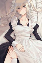 Rule 34 | 1girl, apron, bed, bite mark, blonde hair, brown eyes, closed mouth, collarbone, commentary, frills, hair between eyes, hand on another&#039;s thigh, hickey, highres, long hair, looking at viewer, lying, maid, maid apron, maid headdress, on back, on bed, solo, twintails, usuke (u skeeep)