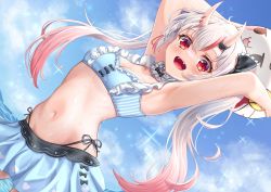 Rule 34 | 1girl, :d, arms up, ball, beachball, bikini, bikini skirt, black bow, blue bikini, blue sky, blush, bow, breasts, cleavage, cloud, day, fangs, frilled bikini, frills, hair between eyes, hair bow, highres, hololive, horns, kotone neruneru, long hair, looking at viewer, multicolored hair, nakiri ayame, nakiri ayame (hololive summer 2019), navel, oni, open mouth, outdoors, red eyes, red hair, side-tie bikini bottom, skin-covered horns, sky, small breasts, smile, solo, streaked hair, swimsuit, twintails, virtual youtuber, water, wet, white hair